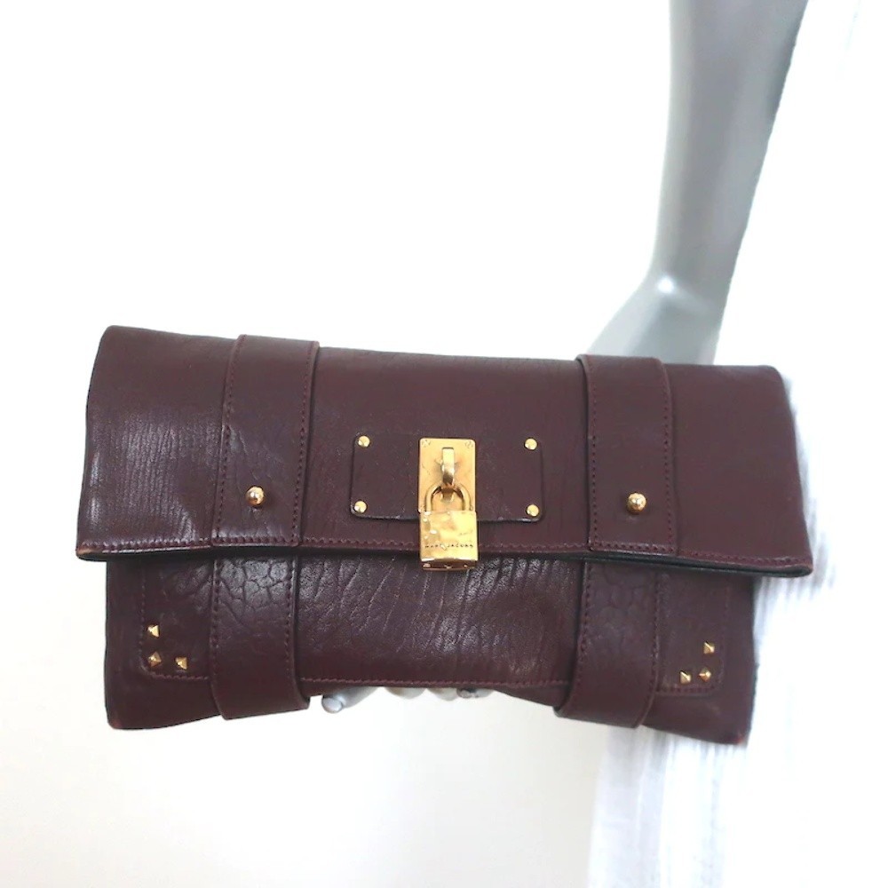 Marc Jacobs Padlock Flap Clutch Burgundy Grained Leather Small Bag - Picture 1 of 10